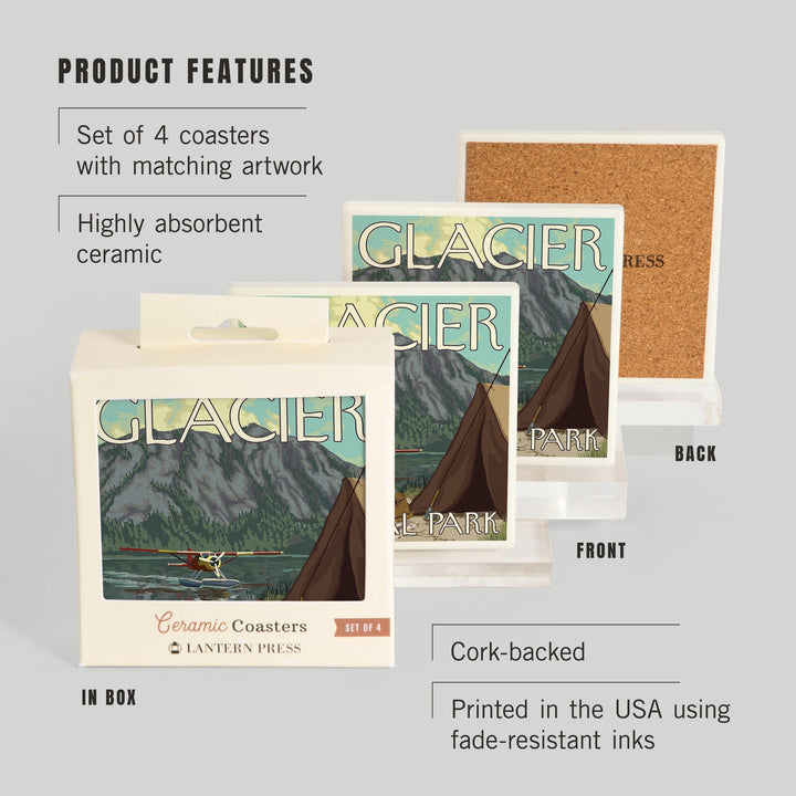 Glacier National Park, Montana, Bush Plane and Fishing, Coasters Coasters Lantern Press 