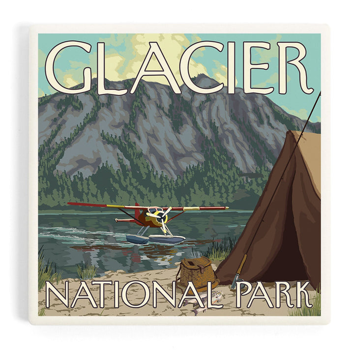 Glacier National Park, Montana, Bush Plane and Fishing, Coasters Coasters Lantern Press 