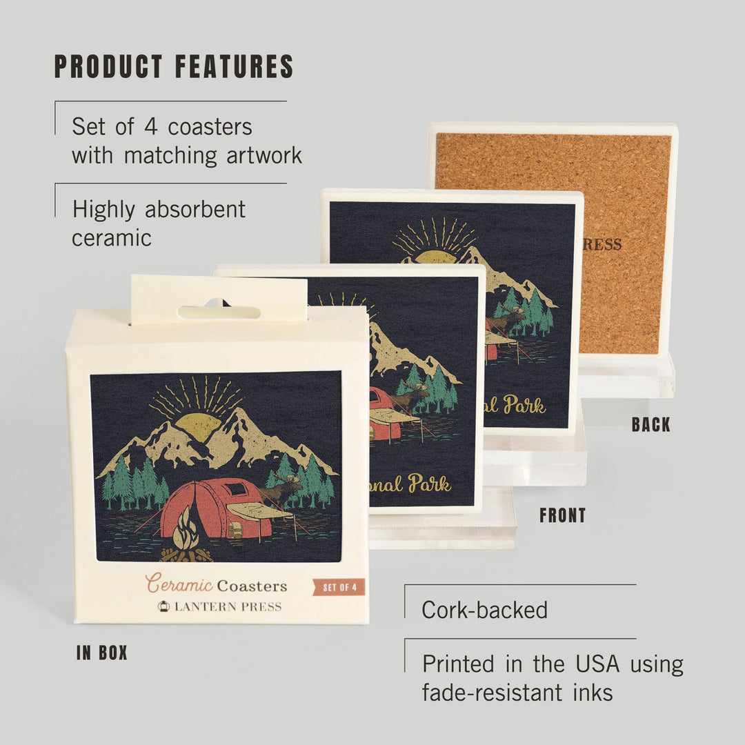 Glacier National Park, Montana, Camping Scene, Coasters Coasters Lantern Press 