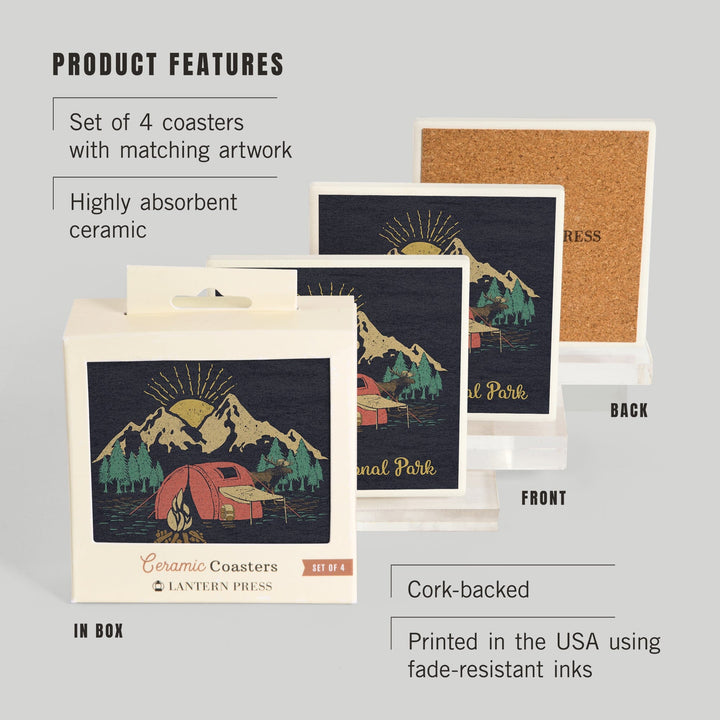 Glacier National Park, Montana, Camping Scene, Coasters Coasters Lantern Press 
