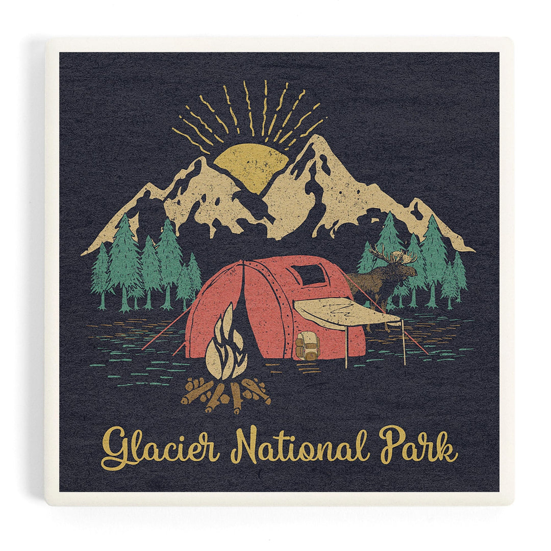 Glacier National Park, Montana, Camping Scene, Coasters Coasters Lantern Press 