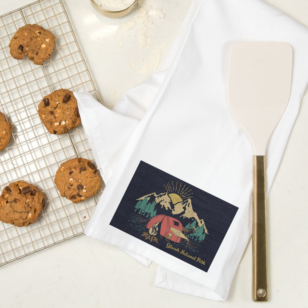 Glacier National Park, Montana, Camping Scene, Organic Cotton Kitchen Tea Towels Kitchen Lantern Press 