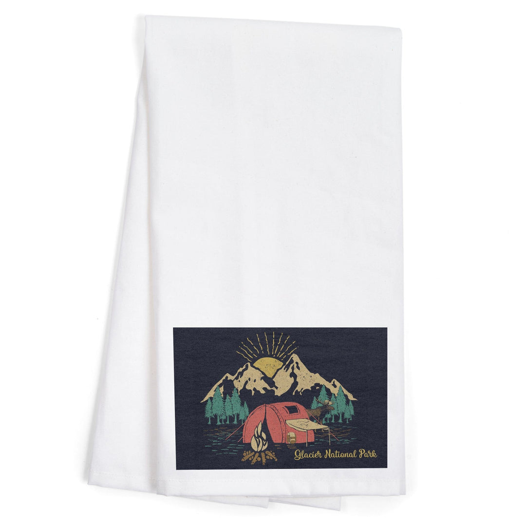 Glacier National Park, Montana, Camping Scene, Organic Cotton Kitchen Tea Towels Kitchen Lantern Press 