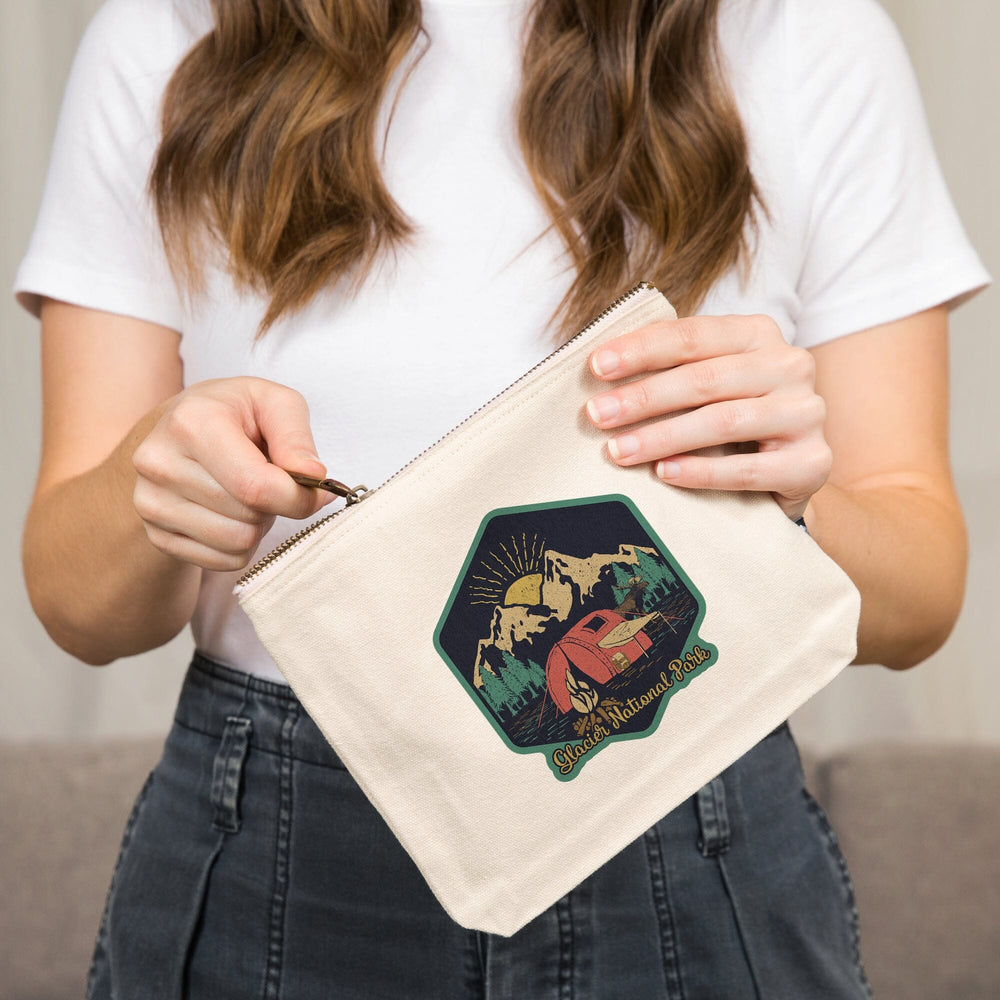 Glacier National Park, Montana, Camping Scene,, Organic Cotton Zipper Pouch, Go Bag Go Bag Lantern Press 