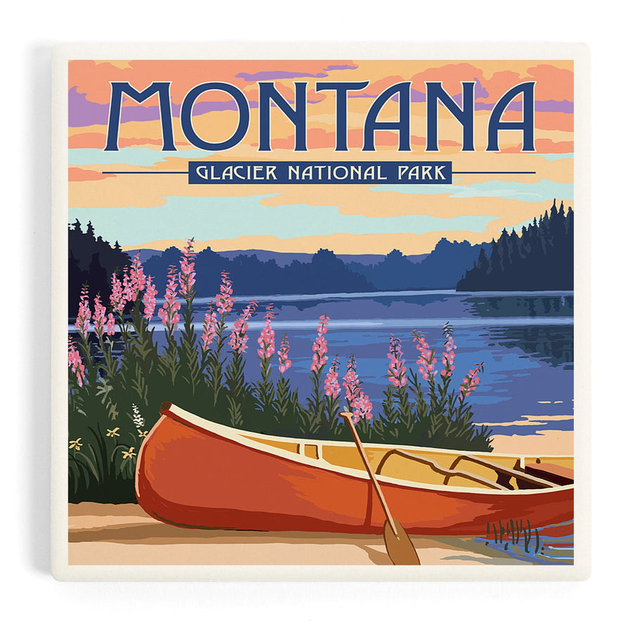 Glacier National Park, Montana, Canoe and Lake, Coasters Coasters Lantern Press 