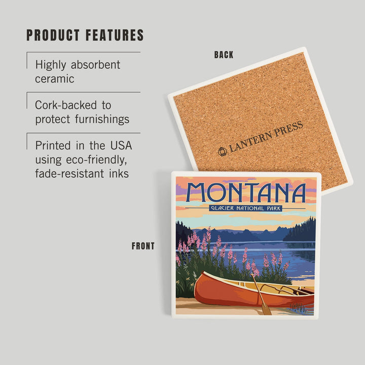 Glacier National Park, Montana, Canoe and Lake, Coasters Coasters Lantern Press 