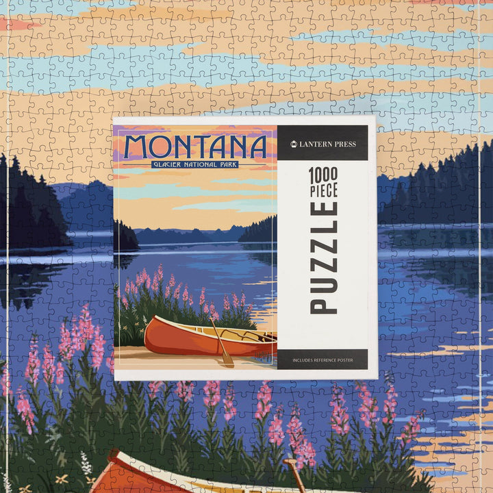 Glacier National Park, Montana, Canoe and Lake, Jigsaw Puzzle Puzzle Lantern Press 