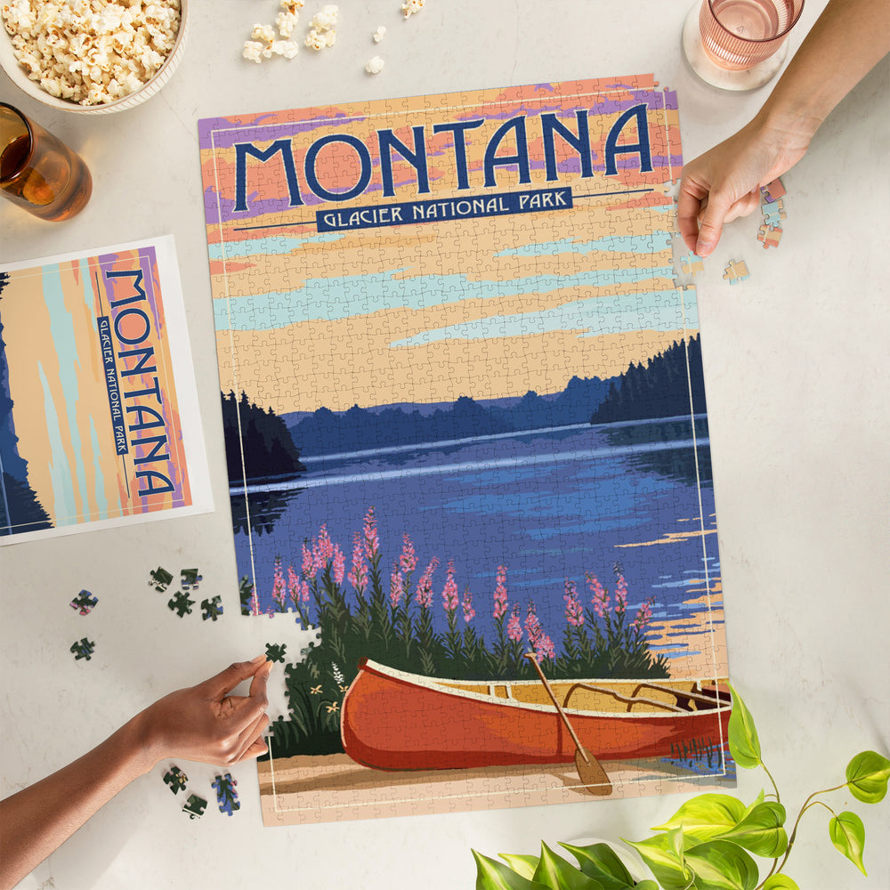 Glacier National Park, Montana, Canoe and Lake, Jigsaw Puzzle Puzzle Lantern Press 