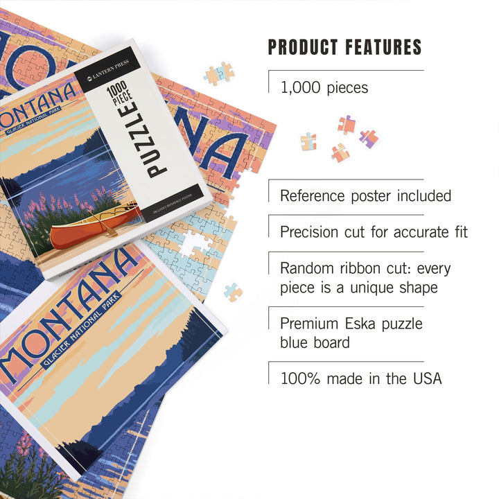Glacier National Park, Montana, Canoe and Lake, Jigsaw Puzzle Puzzle Lantern Press 