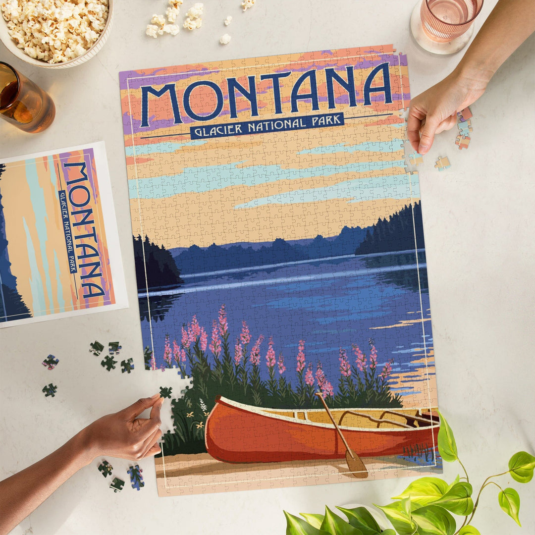Glacier National Park, Montana, Canoe and Lake, Jigsaw Puzzle Puzzle Lantern Press 