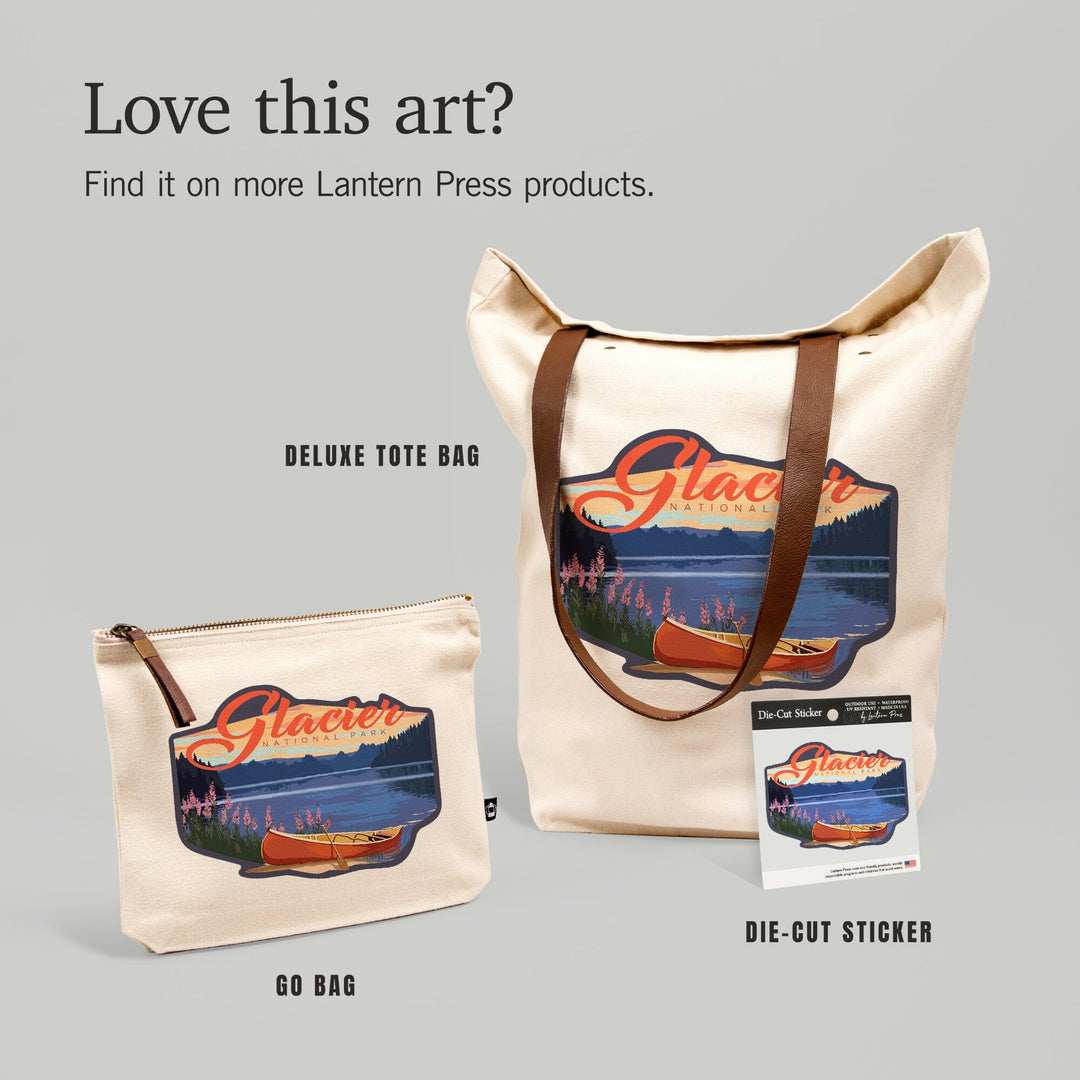 Glacier National Park, Montana, Canoe and Lake,, Organic Cotton Zipper Pouch, Go Bag Go Bag Lantern Press 