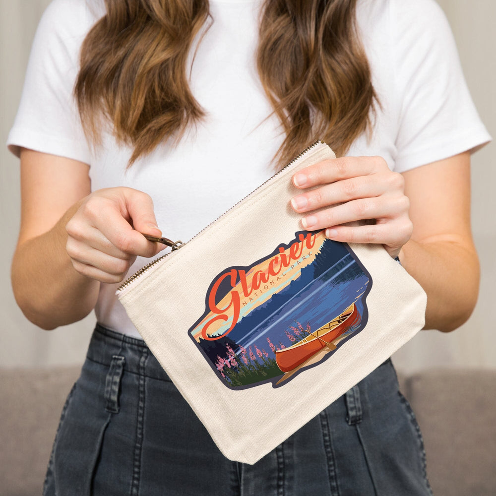 Glacier National Park, Montana, Canoe and Lake,, Organic Cotton Zipper Pouch, Go Bag Go Bag Lantern Press 