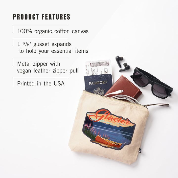 Glacier National Park, Montana, Canoe and Lake,, Organic Cotton Zipper Pouch, Go Bag Go Bag Lantern Press 