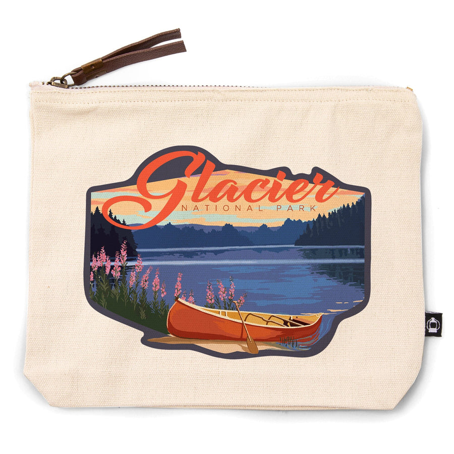 Glacier National Park, Montana, Canoe and Lake,, Organic Cotton Zipper Pouch, Go Bag Go Bag Lantern Press 