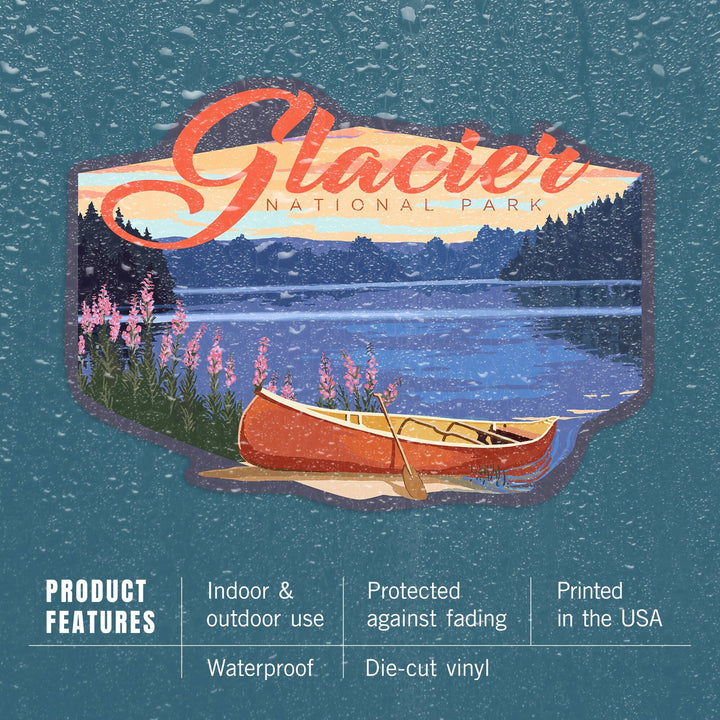 Glacier National Park, Montana, Canoe & Lake, Contour, Lantern Press Artwork, Vinyl Sticker - Lantern Press