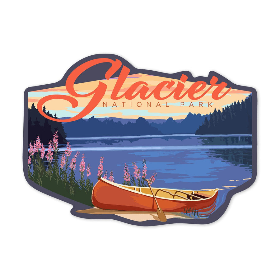 Glacier National Park, Montana, Canoe & Lake, Contour, Lantern Press Artwork, Vinyl Sticker - Lantern Press