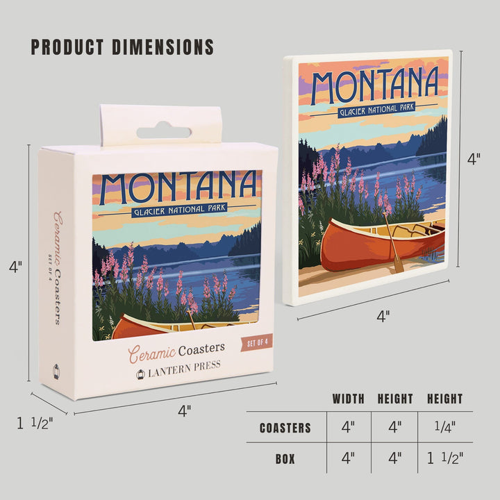 Glacier National Park, Montana, Canoe & Lake, Lantern Press Artwork, Coaster Set - Lantern Press