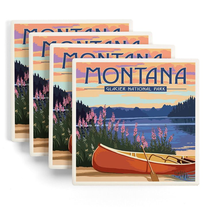 Glacier National Park, Montana, Canoe & Lake, Lantern Press Artwork, Coaster Set - Lantern Press