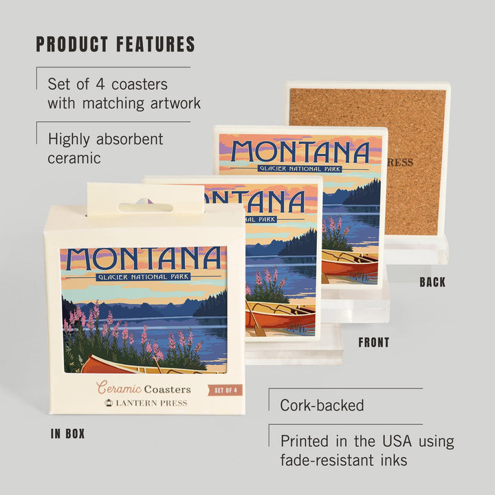 Glacier National Park, Montana, Canoe & Lake, Lantern Press Artwork, Coaster Set - Lantern Press