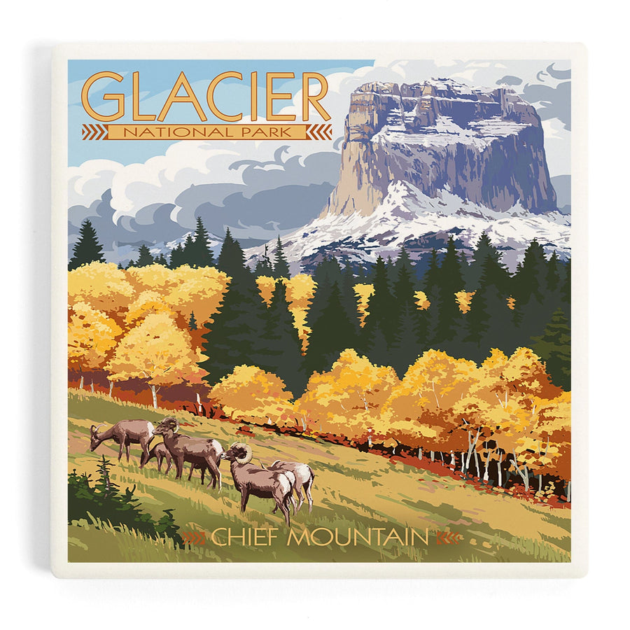 Glacier National Park, Montana, Chief Mountain and Big Horn Sheep, Coasters Coasters Lantern Press 