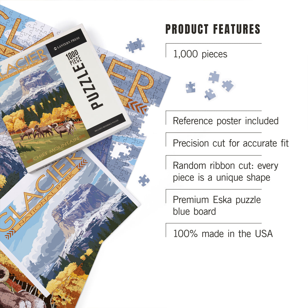 Glacier National Park, Montana, Chief Mountain and Big Horn Sheep, Jigsaw Puzzle Puzzle Lantern Press 