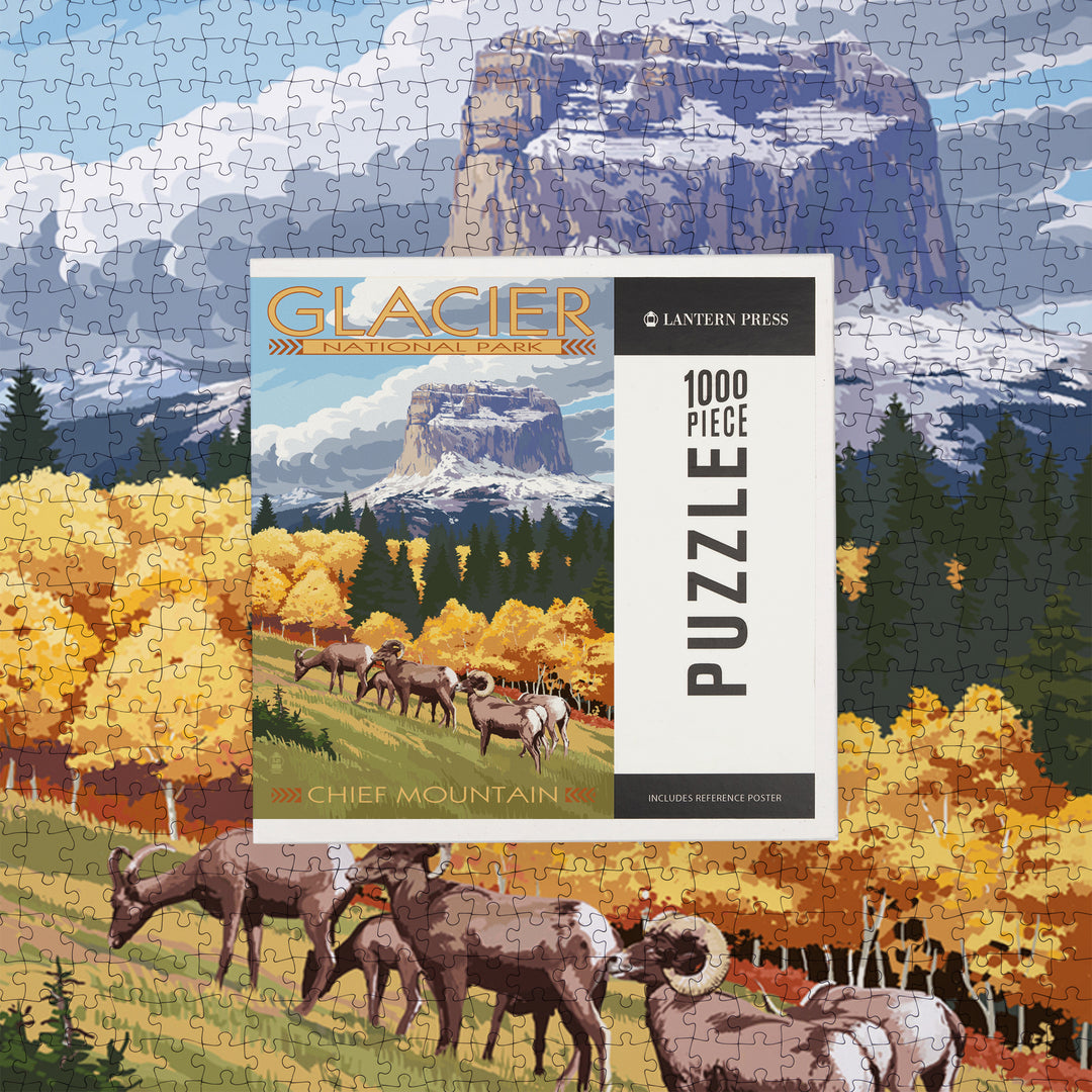 Glacier National Park, Montana, Chief Mountain and Big Horn Sheep, Jigsaw Puzzle Puzzle Lantern Press 