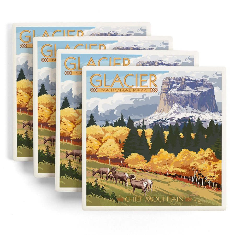 Glacier National Park, Montana, Chief Mountain & Big Horn Sheep, Lantern Press Artwork, Coaster Set - Lantern Press