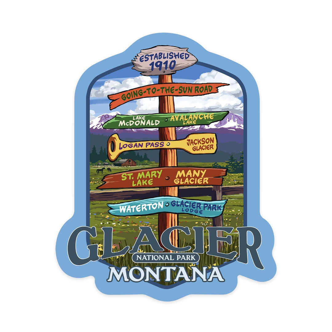 Glacier National Park, Montana, Destination Signpost 2, Contour, Lantern Press Artwork, Vinyl Sticker - Lantern Press