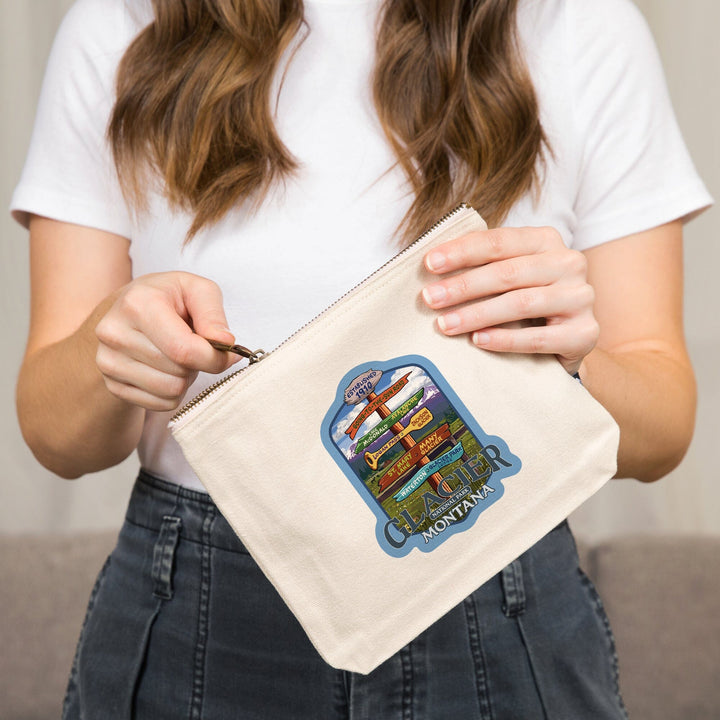 Glacier National Park, Montana, Destination Signpost 2,, Organic Cotton Zipper Pouch, Go Bag Go Bag Lantern Press 