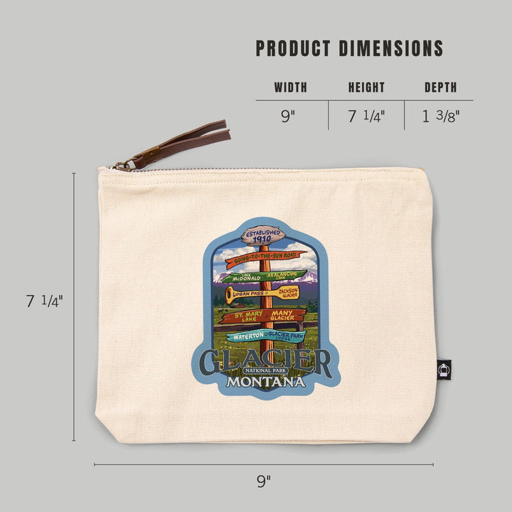 Glacier National Park, Montana, Destination Signpost 2,, Organic Cotton Zipper Pouch, Go Bag Go Bag Lantern Press 