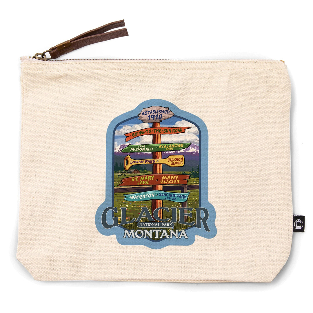 Glacier National Park, Montana, Destination Signpost 2,, Organic Cotton Zipper Pouch, Go Bag Go Bag Lantern Press 