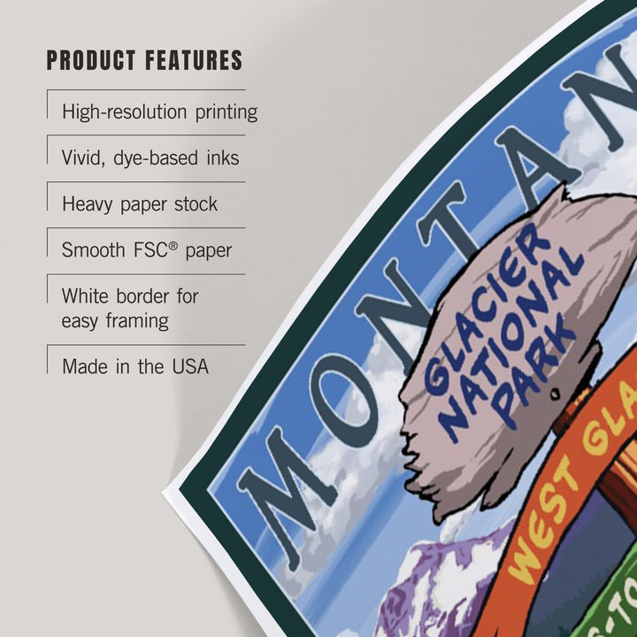 Glacier National Park, Montana, Destination Signpost, Art & Giclee Prints Art Lantern Press 