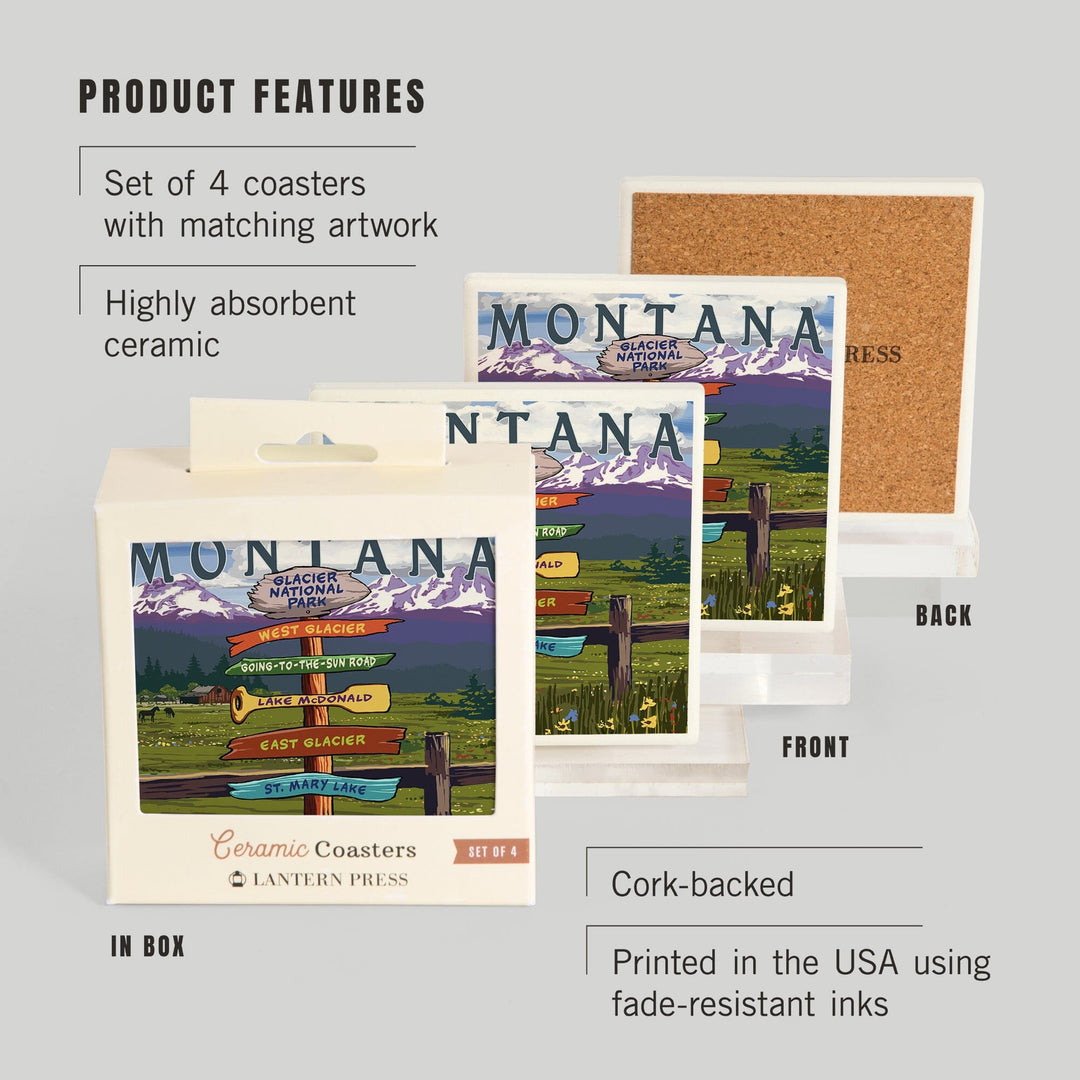 Glacier National Park, Montana, Destination Signpost, Coasters Coasters Lantern Press 
