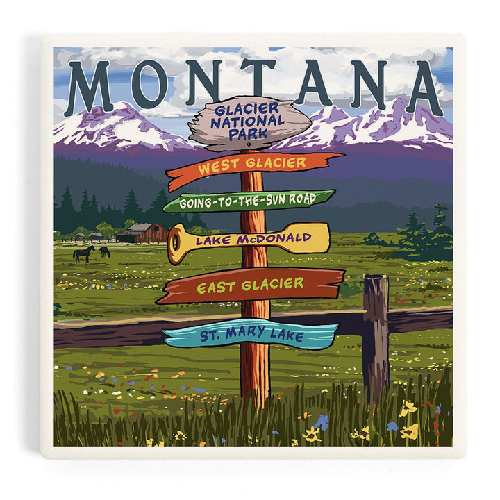 Glacier National Park, Montana, Destination Signpost, Coasters Coasters Lantern Press 