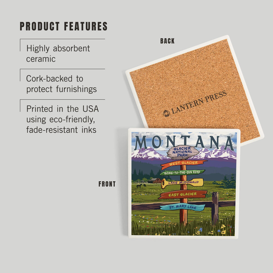 Glacier National Park, Montana, Destination Signpost, Coasters Coasters Lantern Press 