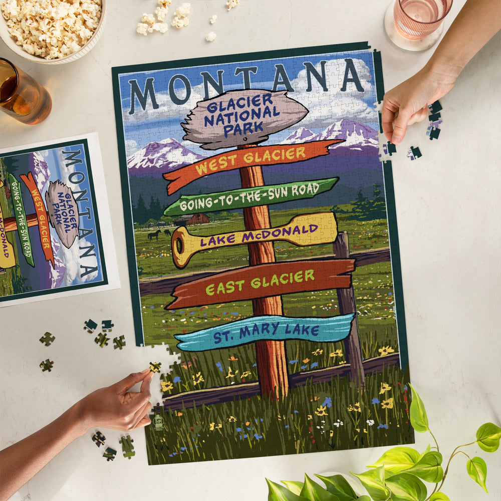 Glacier National Park, Montana, Destination Signpost, Jigsaw Puzzle Puzzle Lantern Press 