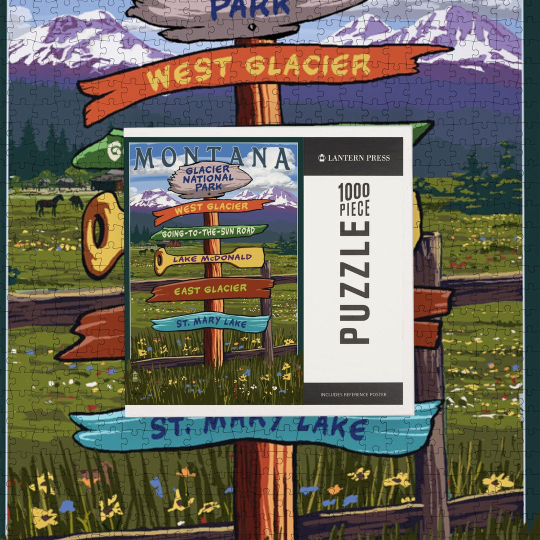 Glacier National Park, Montana, Destination Signpost, Jigsaw Puzzle Puzzle Lantern Press 