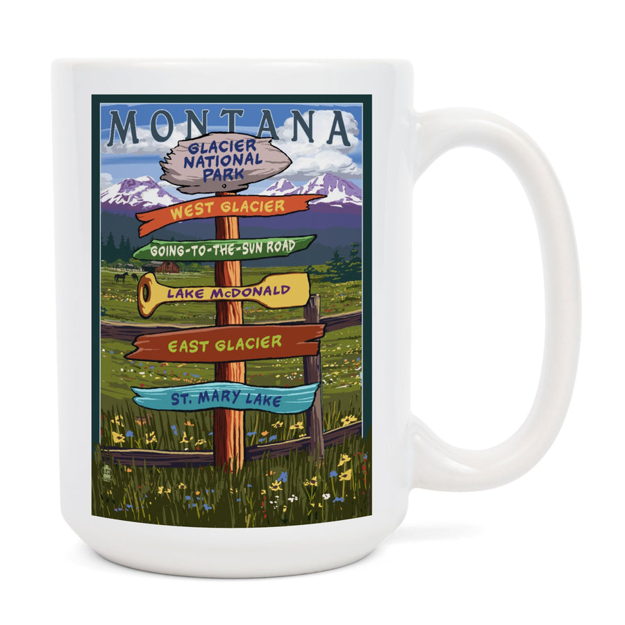 Glacier National Park, Montana, Destination Signpost, Lantern Press Artwork, Ceramic Mug Mugs Lantern Press 