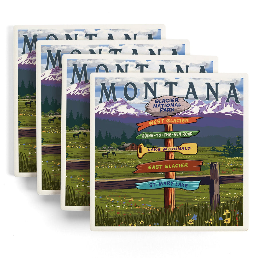 Glacier National Park, Montana, Destination Signpost, Lantern Press Artwork, Coaster Set - Lantern Press