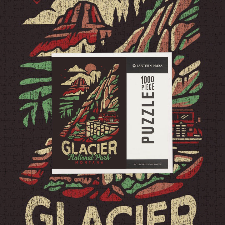 Glacier National Park, Montana, Distressed Vector, Jigsaw Puzzle Puzzle Lantern Press 