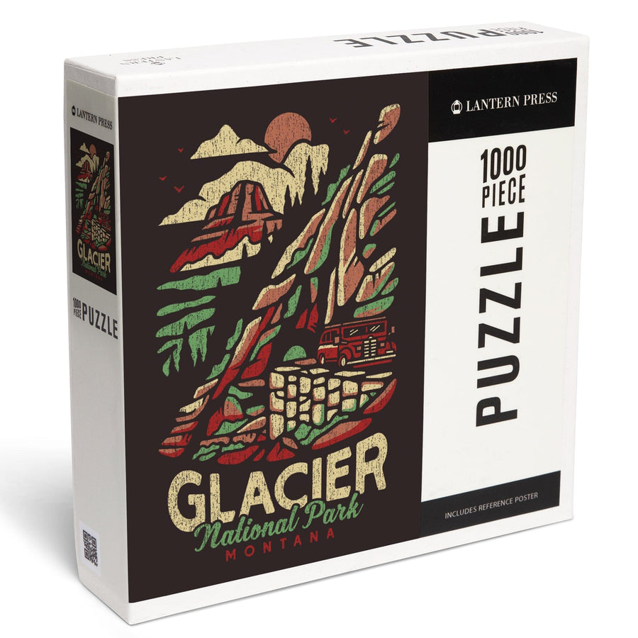 Glacier National Park, Montana, Distressed Vector, Jigsaw Puzzle Puzzle Lantern Press 