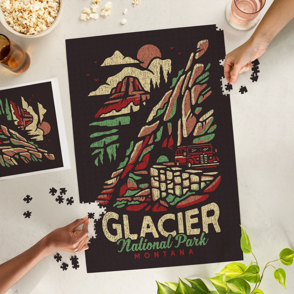 Glacier National Park, Montana, Distressed Vector, Jigsaw Puzzle Puzzle Lantern Press 