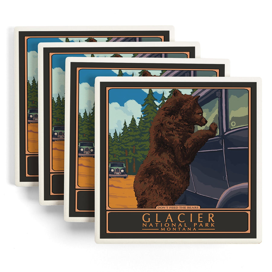 Glacier National Park, Montana, Don't Feed the Bears, Lantern Press Artwork, Coaster Set - Lantern Press