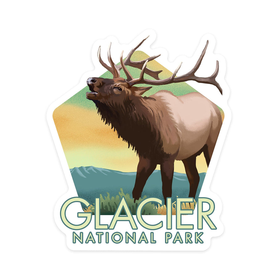 Glacier National Park, Montana, Elk, Lithograph, Contour, Vinyl Sticker Sticker Lantern Press 