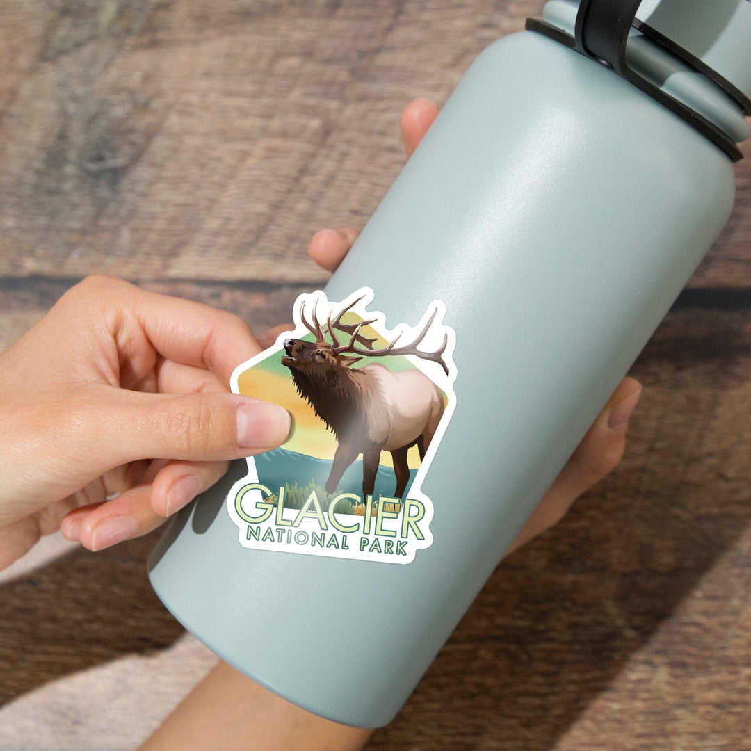 Glacier National Park, Montana, Elk, Lithograph, Contour, Vinyl Sticker Sticker Lantern Press 