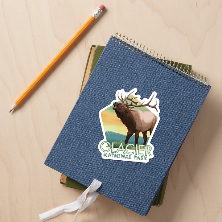 Glacier National Park, Montana, Elk, Lithograph, Contour, Vinyl Sticker Sticker Lantern Press 