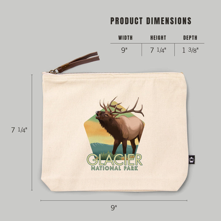 Glacier National Park, Montana, Elk, Lithograph,, Organic Cotton Zipper Pouch, Go Bag Go Bag Lantern Press 