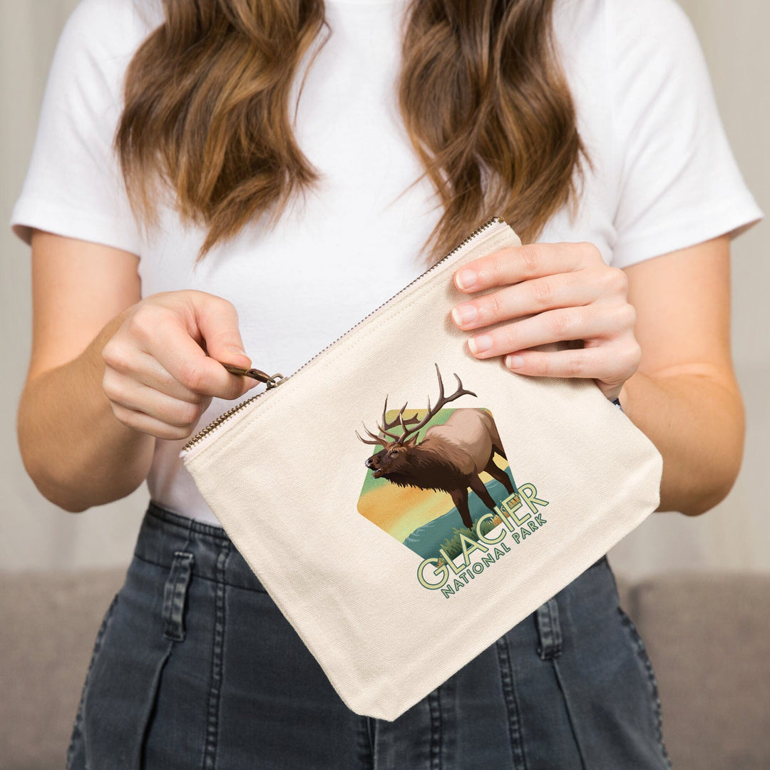 Glacier National Park, Montana, Elk, Lithograph,, Organic Cotton Zipper Pouch, Go Bag Go Bag Lantern Press 