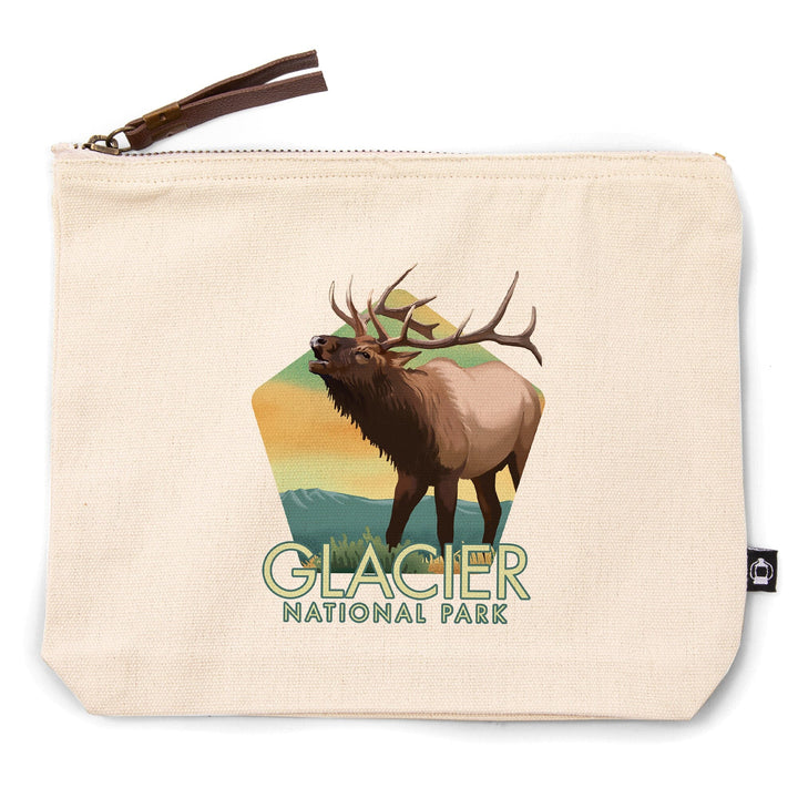 Glacier National Park, Montana, Elk, Lithograph,, Organic Cotton Zipper Pouch, Go Bag Go Bag Lantern Press 