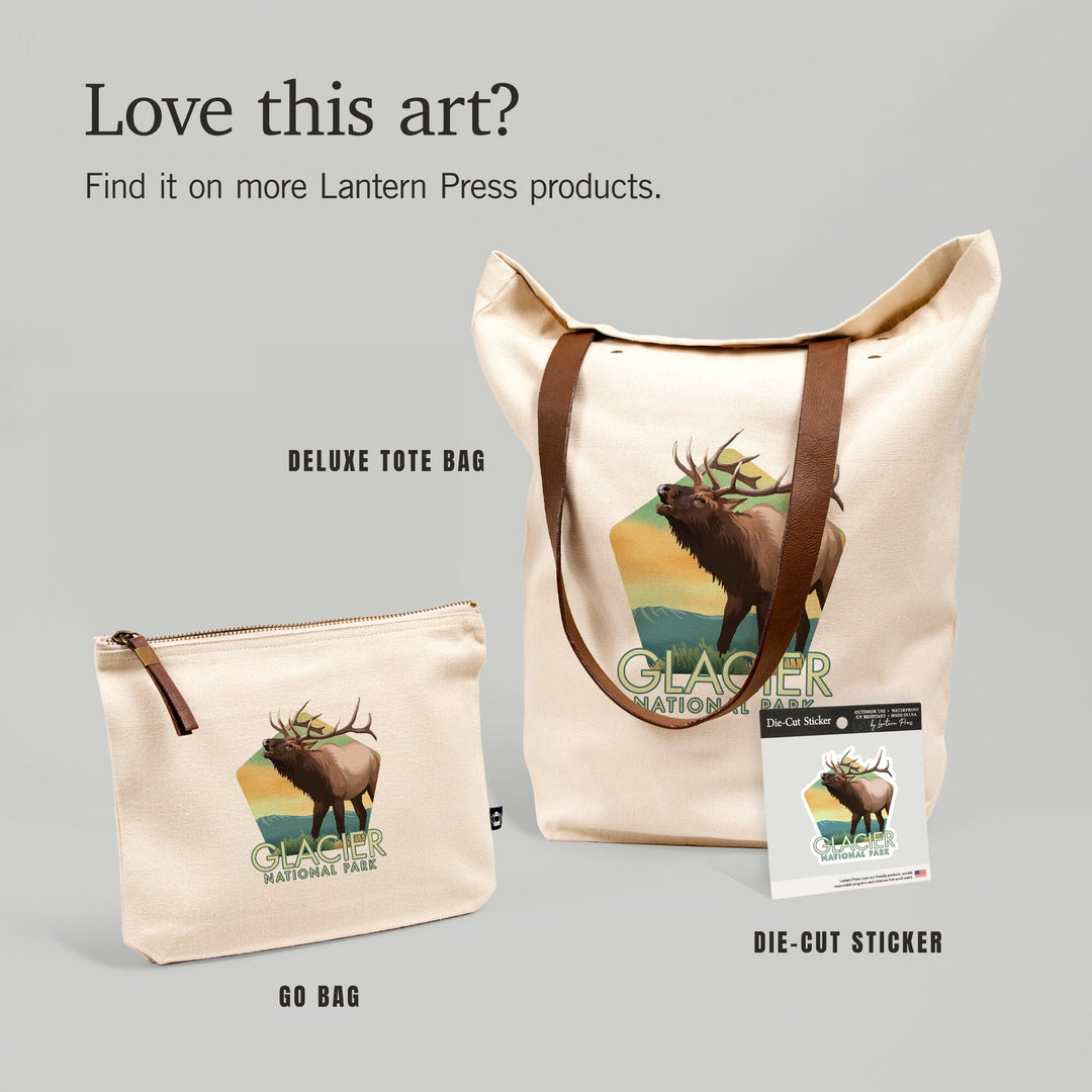 Glacier National Park, Montana, Elk, Lithograph,, Organic Cotton Zipper Pouch, Go Bag Go Bag Lantern Press 